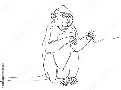 Monkey Knitting in Simple Line Art Style with Minimalistic Black and White Color on Plain White Background for Illustration