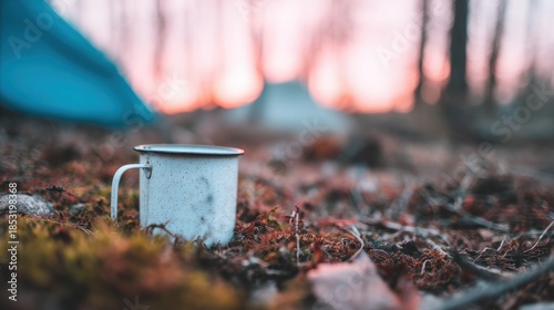 Wallpaper Mural Cup sits on ground surrounded by leaves during sunset in forest camping area Torontodigital.ca
