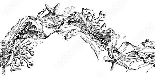 Hand drawn line art illustration of underwater marine life with jellyfish, starfish, and coral wreath design for a banner or decoration. Seamless border pattern outline graphic illustration