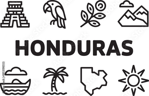 Honduras travel destination icons set with central american landmarks and cultural elements