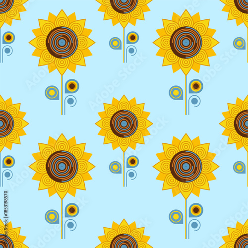 Sunflower seamless pattern on blue background. Geometric floral illustration ...