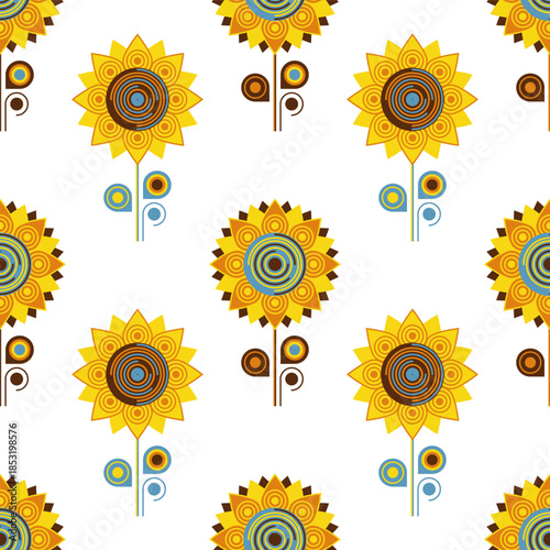Sunflower seamless pattern on white background. Geometric floral illustration...