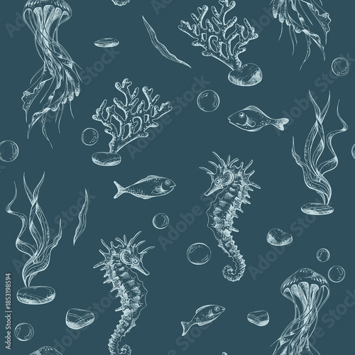 Navy blue seamless pattern with jellyfish, seahorses, corals, and fish. Hand-drawn underwater marine life illustration for backgrounds and wallpapers. Outline graphic on a navy blue