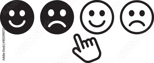 Customer Feedback Rating Icons with Happy and Sad Smiley Faces and Hand Cursor