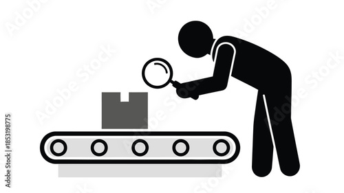 Quality control inspector examining a product on a conveyor belt with a magnifying glass