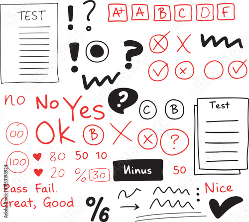 Hand Drawn Test Exam Doodles with Grades Marks Symbols and Evaluation Elements