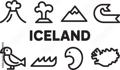 Iceland travel destination icons with volcano northern lights puffin and landscape symbols