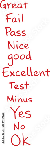 Red Handwritten Feedback Words Icon with Evaluation Terms Great, Fail, Pass, Excellent, Test, Yes, No, OK