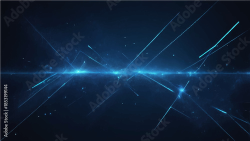 An abstract blue universe background features a bright digital galaxy with glowing stars, energy flares, and a nebula flash across the dark night sky