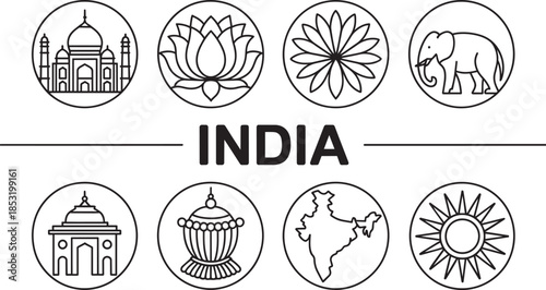 India line icons set, indian symbols collection, vector sketches, logo illustrations