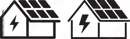 Renewable Solar Power Home Icon with Eco Energy Panel and Electricity Symbol