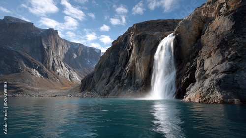 Majestic waterfall cascading into serene lake surrounded by rugged mountains and clear blue sky