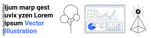 Data visualization on a dashboard with charts and graphs, geometric tree, conceptual eye atop a pyramid. Ideal for analytics, education, research, strategy, creativity, marketing simple landing page