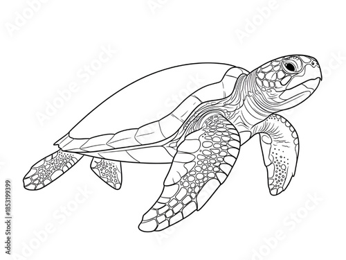 Sea Turtle Swimming Isolated on White Background Line Art