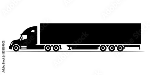 Truck tractor with a semitrailer. Black silhouette. Side view. Vector simple flat graphic illustration. Isolated object on a white background.