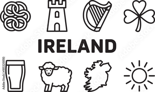 Ireland vector icon set with country map, castle, harp, and cultural symbols