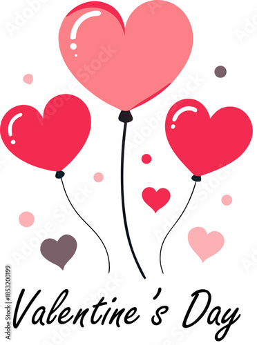Happy valentines day balloon illustration featuring pink and red heart shapes with decorative floating confetti and elegant script lettering on transparent background for party decor