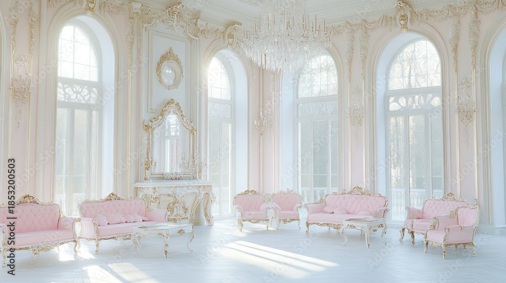 Naklejka premium Grand hall pink sofas, ornate gold details, high arches, flooded with sunlight