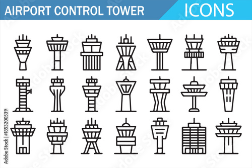 Aviation Airport Tower Icons Set Line Illustration