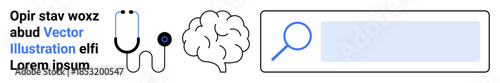 Healthcare, research, neuroscience, diagnostics, online tools, technology. Stethoscope, brain image and search bar icon. Healthcare and research reflected through tools and concepts