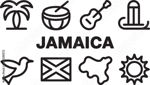 Jamaica culture and travel icons set with reggae music symbols flag map palm tree and beach