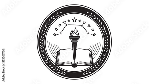 Black and white emblem featuring an open book, torch, stars, and laurel wreath Keywords: emblem