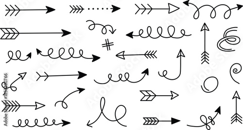 Collection of hand drawn arrows and directional symbols in black on white background
