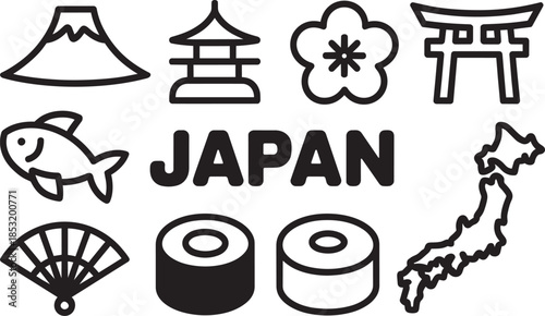 Japan tourism and culture icons set featuring fuji mountain sushi torii gate and map outline