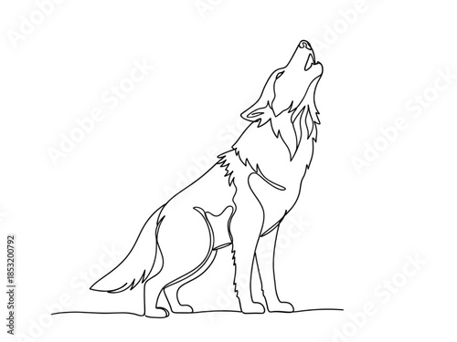Wolf Howling at Moon, Minimalist Line Art Illustration, Isolated on White