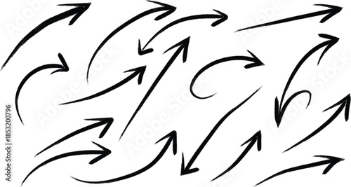 Collection of black arrows pointing in various directions on white background