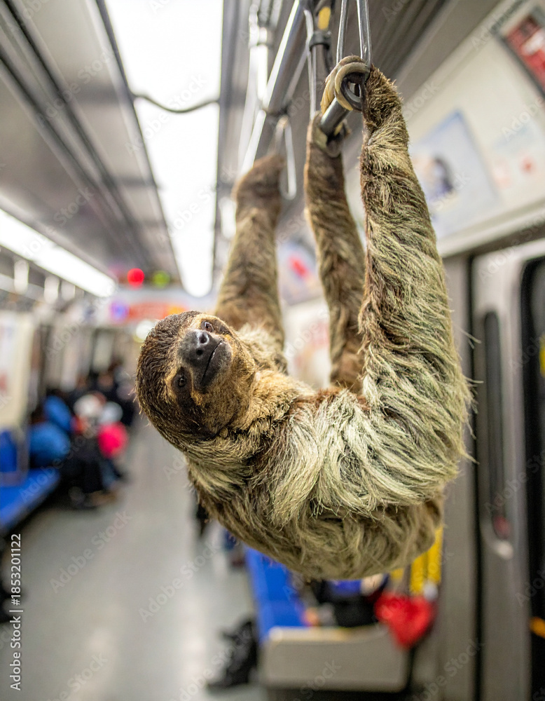 Naklejka premium A sloth hangs upside down from a subway grab handle during a busy morning commute.