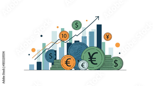 Financial Growth and Investment Concept with Currency Symbols and Bar Chart.
