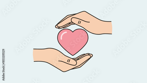 Hands protecting a pink heart symbolizing care and love.