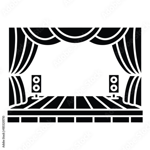 A classic theater stage with drawn back curtains and two floor speakers on a white background