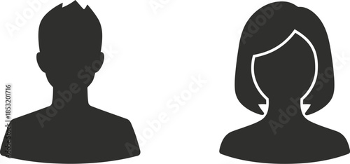 Male and female user profile avatar icons in dark gray silhouettes for social media account website app interface simple minimalist design elements