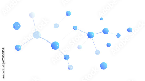 Abstract representation of molecular structures and connections with glowing blue spheres and lines on a white background