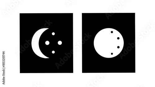 Contrast of Celestial Icons Crescent Moon with Stars and Full Moon with Dots on Black Background