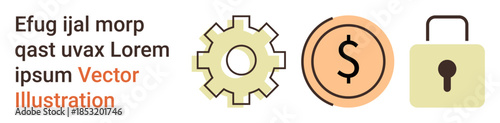 Business management, finance, data security, technology, innovation, banking. Gear, dollar sign and lock icons on a clean background. Finance and data security concepts