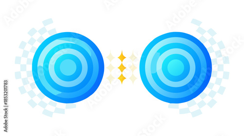 Abstract futuristic technology concept with two glowing blue circles connected by a futuristic grid pattern and sparkling diamond shapes
