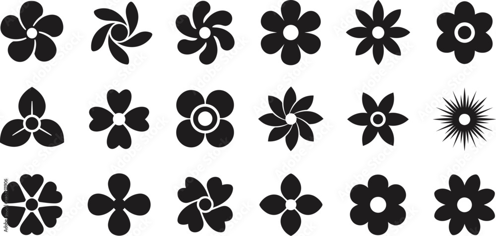 Fototapeta premium Collection of black flower and petal silhouettes with various botanical shapes for floral nature decorative design elements pattern illustration