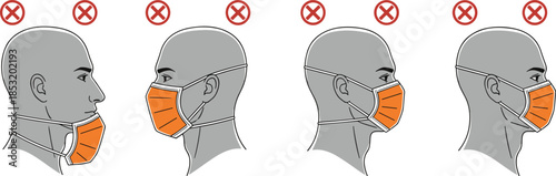 Incorrect face mask wearing examples showing wrong usage positions safety mistakes health protection awareness medical illustration guide