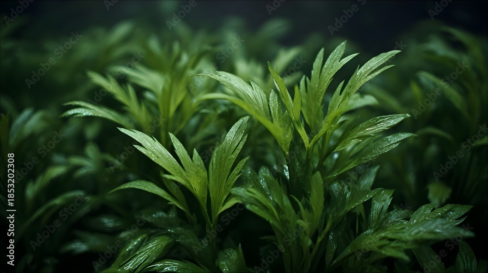 Obraz premium ro view of lush vibrant green foliage glistening with dew drops evoking a sense of fresh organic growth and tranquility