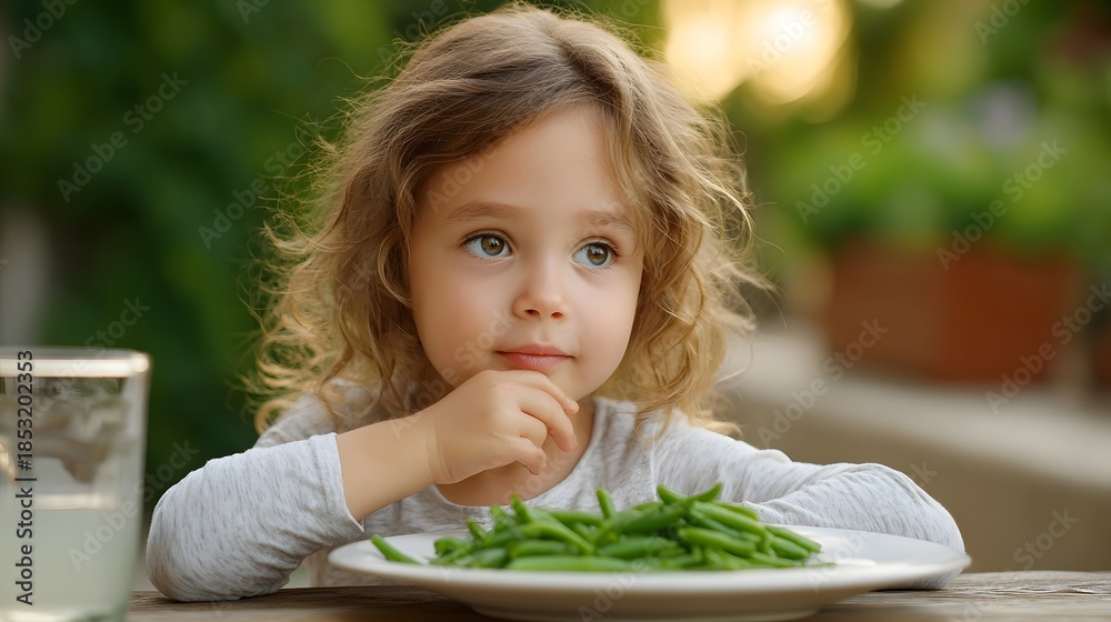 Fototapeta premium A young girl with curly hair looks thoughtfully at a plate of green beans sitting outdoors during golden hour