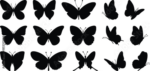Collection of black butterfly silhouettes showing various wing patterns and species for nature insect lepidoptera design decorative elements illustration