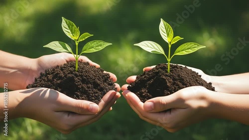 Hands nurturing a young plant with rich soil