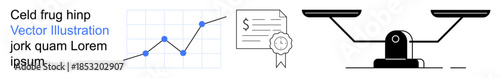 Business analysis, financial growth, legal certification, quality standards, fairness, strategic planning. Line graph, certificate and balance scales. Financial growth and legal certification