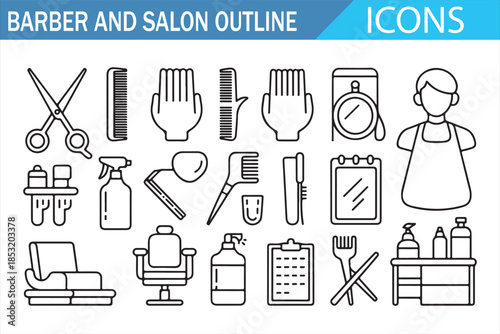 Hairdresser Tools and Salon Furniture Outline Icons Vector