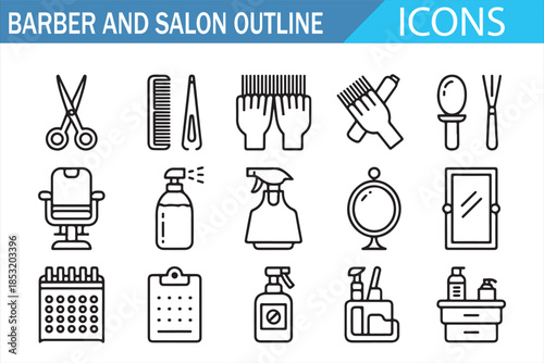 Barber Shop Equipment and Hair Styling Outline Icons Set