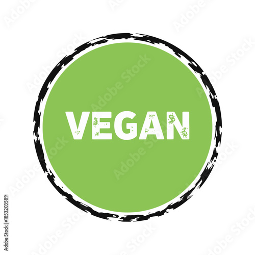 Vegan green circular badge with white text and distressed border for plant based cruelty free animal free vegetarian dairy free eco friendly ethical lifestyle food certification