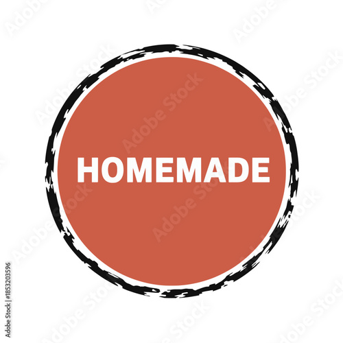Homemade red orange circular badge with white text and rough textured border for handmade artisan craft kitchen made from scratch authentic traditional recipe food certification